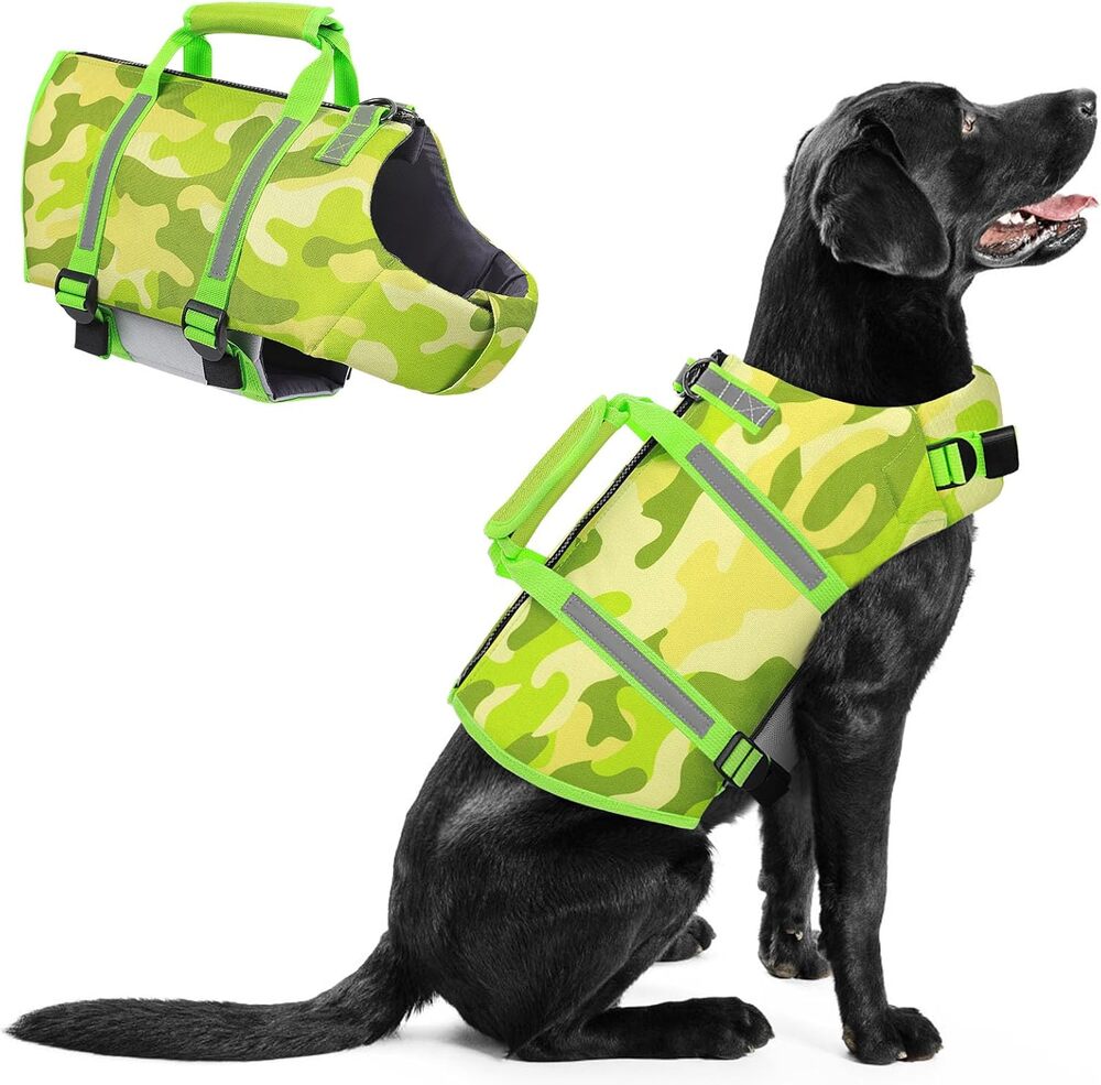 Queenmore Dog Life Jacket Shark Vest Green Camo Size L New